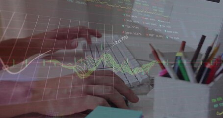 Poster - Animation of financial data processing over caucasian man using computer