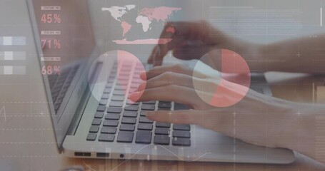 Poster - Animation of financial data processing over caucasian woman using computer