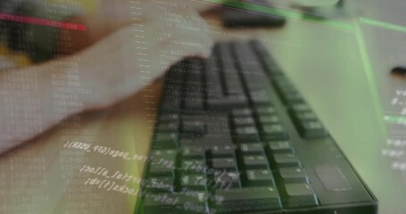 Poster - Animation of financial data processing over caucasian woman using computer