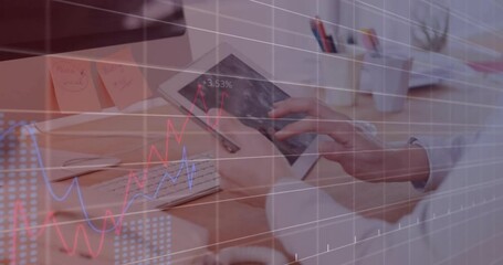 Poster - Animation of financial data processing over caucasian man using tablet