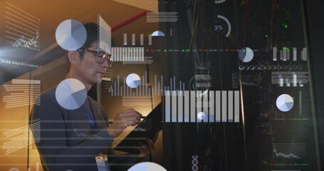 Poster - Animation of data processing over asian male it engineer by computer servers