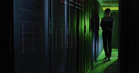 Poster - Animation of data processing over asian male it engineer by computer servers