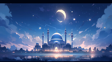 Beautiful Mosque with night sky background cartoon style