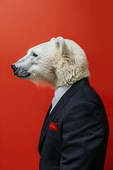 Wall Mural - A polar bear in a suit, on a side, constant color background. Dramatic studio lighting from side