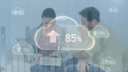 Poster - animation of financial data processing with clouds over caucasian couple opening gift