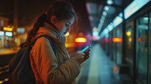 Enjoying Travel. Young Woman Waiting On Station Platform On Background Light Electric Moving Train Using Smart Phone In Night. Tourist Text Message And Plan Route Of Stop Railway, Railroad Transport.
