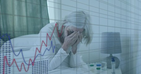 Sticker - Animation of financial data processing over worried caucasian woman