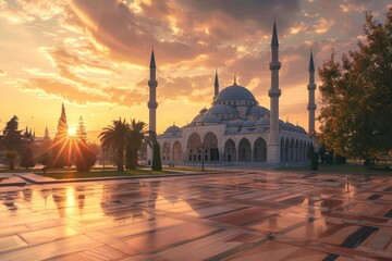 beautiful view of the mosque with the morning sun in the background - generative ai