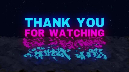 Wall Mural - Thank You For Watching 80s retro neon glow cyberpunk color text Intro and Outro motion graphic template with ocean wave stars burst particle background. 4k Thanks For Watching end screen 2d animation.