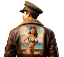 World War 2 (WW2) US Bomber Pilot Wearing Leather Bomber Flight Jacket With Pinup Girl Isolated On Transparent Background	