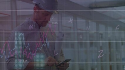 Poster - Animation of financial data processing over caucasian male architect using smartphone