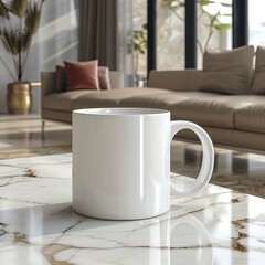 Wall Mural - A coffee cup sitting on a living room table in a modern living room. 