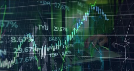 Poster - Animation of financial data processing over male it engineer and computer servers