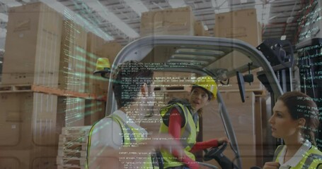 Poster - Animation of data processing over diverse people working in warehouse