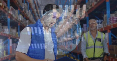 Poster - animation of globe and data processing over diverse people working in warehouse