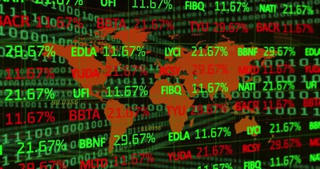 Poster - Animation of financial data processing over world map on dark background