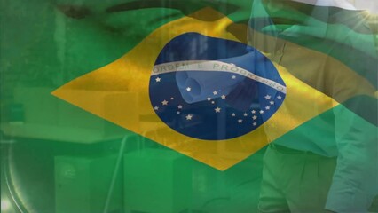 Poster - Animation of flag of brasil over happy african american male architect studying blueprints