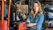 Confident young woman standing with arms crossed in front of forklift
