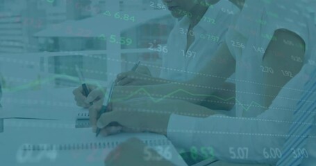 Poster - Animation of financial data processing over diverse business people in office