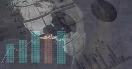 Poster - animation of financial data processing over globe on grey background