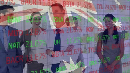 Poster - Animation of financial data processing over diverse business people and flag of australia