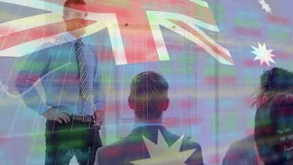 Poster - Animation of financial data processing over diverse business people and flag of australia