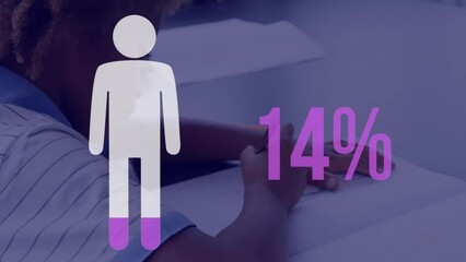 Poster - Animation of person icon and percentage in pink over african american schoolboy writing at desk
