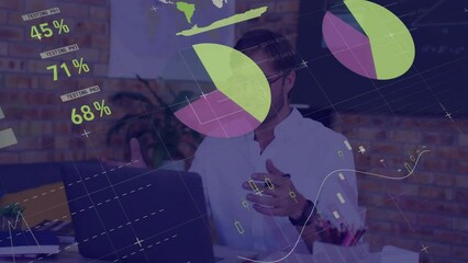 Poster - Animation of data processing on charts over caucasian male teacher with laptop giving online lesson