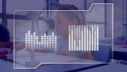 Poster - animation of data processing on charts over caucasian girl with windmill in elementary school class