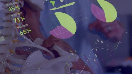 Poster - animation of data processing on charts over diverse male teacher and children studying skeleton