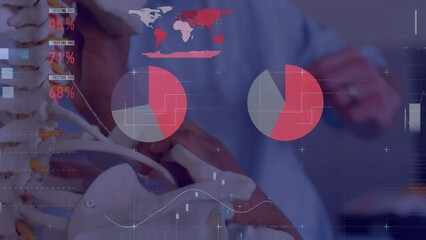 Poster - Animation of data processing on charts over diverse male teacher and children studying skeleton