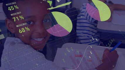 Poster - animation of data processing on charts over happy african american boy in elementary school class