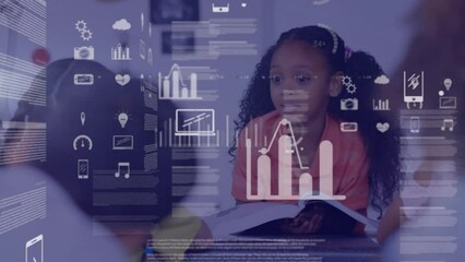 Poster - Animation of data processing and icons over happy african american girl in elementary school class