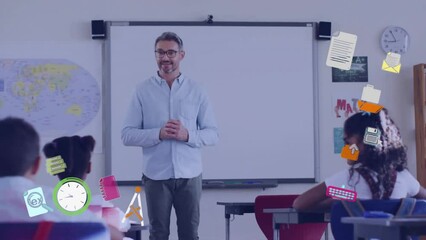 Poster - Animation of school icons over diverse male teacher and schoolchildren in classroom
