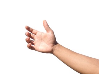 Men's hands making gestures like is holding something such as a phone or a water bottle Isolated on white background.	