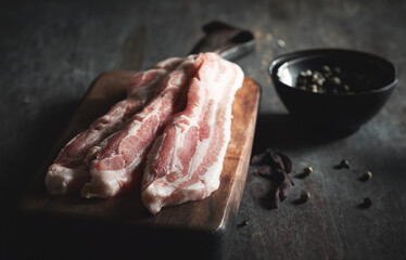 Canvas Print - Raw pork belly, whole pepper and coarse salt