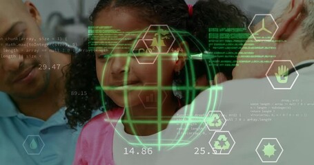 Poster - Animation of energy icons and data processing over happy biracial schoolchildren