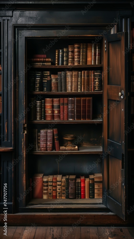A hidden compartment in a bookshelf revealing a secret meeting room, on black background