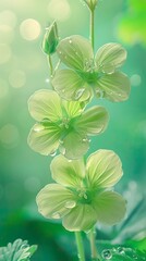 A light green geranium, with two buds on the branch, three tender green leaves, crystal clear dewdrops, ultra-high-definition vision, realism, background blur 