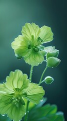 A light green geranium, with two buds on the branch, three tender green leaves, crystal clear dewdrops, ultra-high-definition vision, realism, background blur 