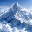 Formulate a detailed mental image contemplating asnowcovered mountain peak viewed from a proper per Generative AI