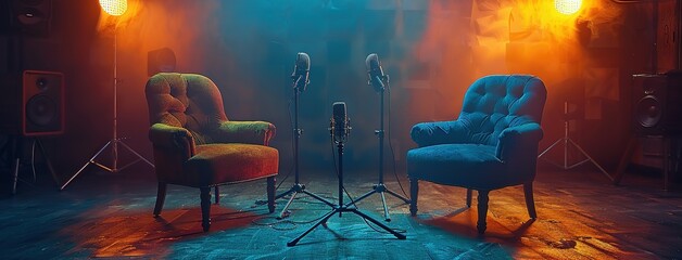 two chairs and microphones in podcast or interview room isolated on dark background. recording studio.