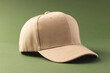 A beige baseball cap is positioned against a green background, with copy space