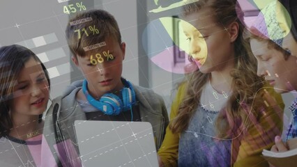 Poster - animation of financial data processing diverse students with female teacher in classroom