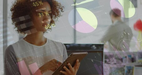 Poster - Animation of financial data processing biracial businesswoman using tablet