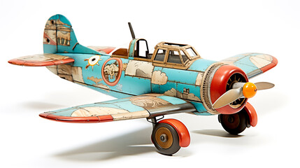 A colorful retro tin toy plane isolated on a white background