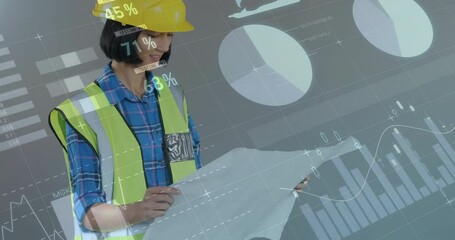 Poster - Animation of financial data processing biracial female architect using tablet