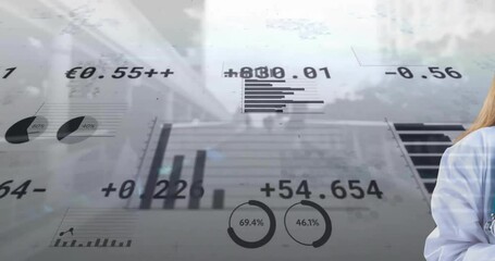 Poster - animation of financial data processing caucasian female doctor