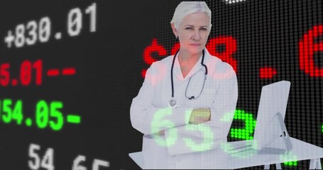 Poster - Animation of financial data processing caucasian female doctor
