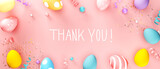 Fototapeta Panele - Thank you message with colorful Easter eggs and spring holiday pastel colors - 3D render